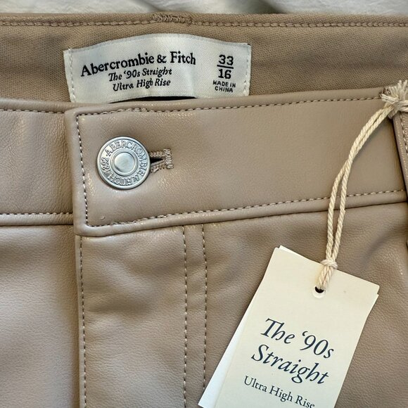 BNWT Abercrombie Taupe Vegan Leather Ultra High Rise 90s Straight Pants - Picture 6 of 6